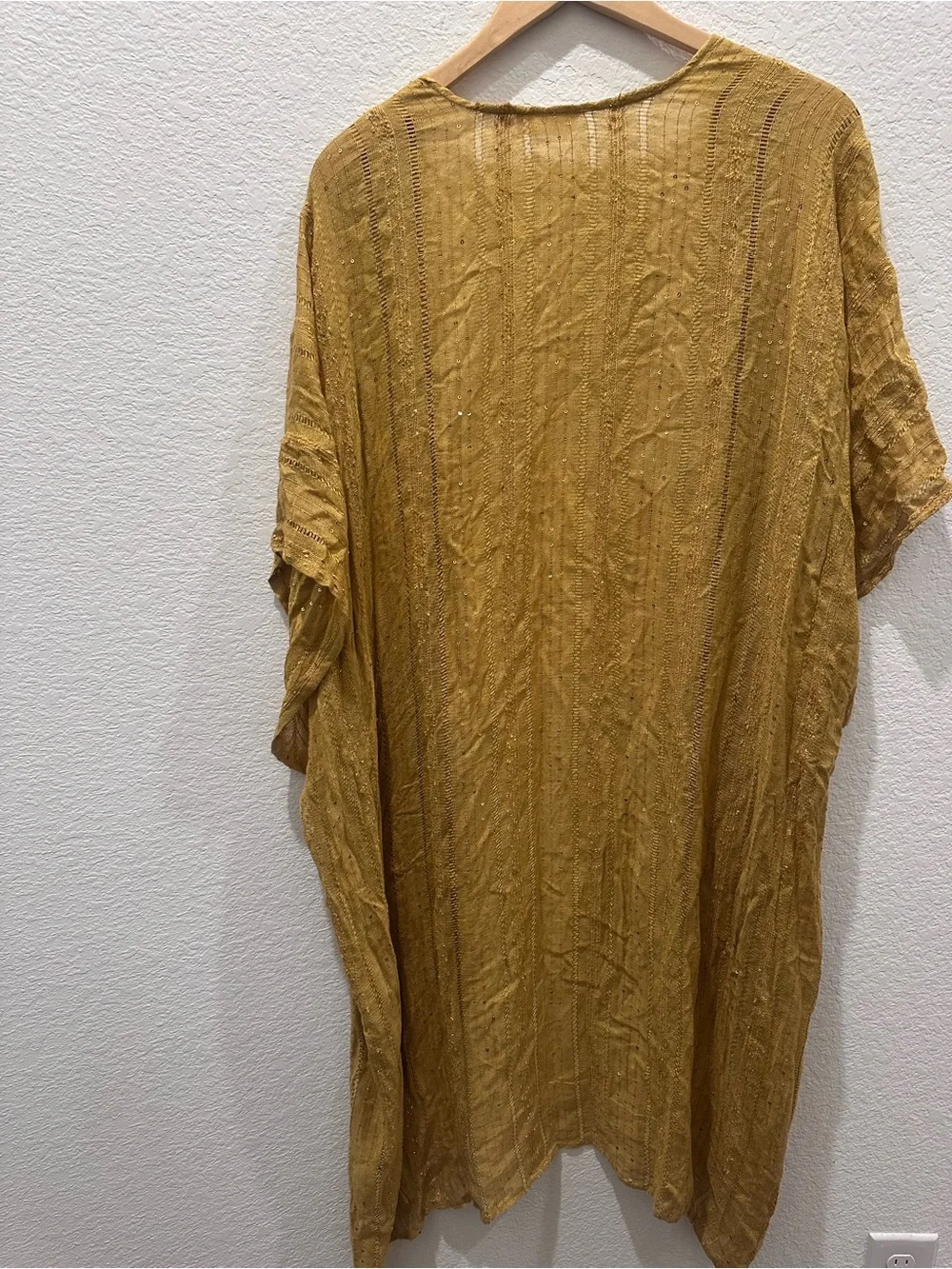 Free People Mustard Yellow Sequin Pointelle Open Front‎ Kimono Wrap OS